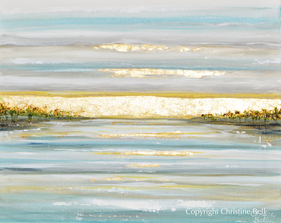 "Morning's First Light" GICLEE PRINT Art Coastal Abstract Painting Seascape Sunrise Ocean Lake Gold Leaf