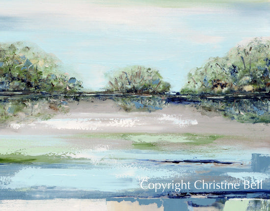 "Morning Meditation" FRAMED GICLEE PRINT Art Coastal Abstract Painting Blue Green Grey Modern Landscape Trees