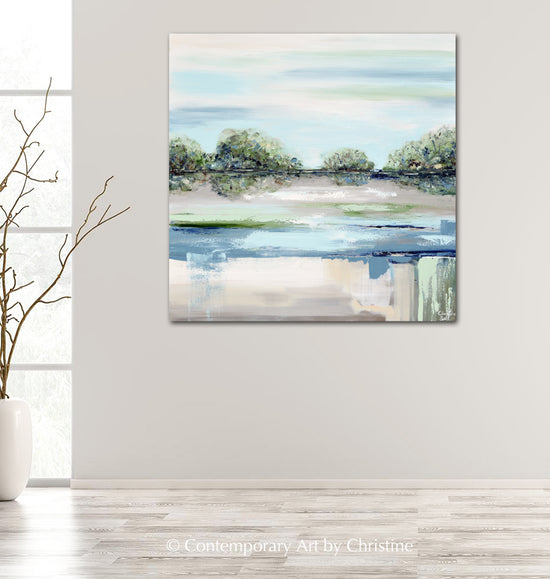"Morning Meditation" ORIGINAL Art Coastal Abstract Painting Blue Green Grey Modern Landscape Trees XL 40x40"