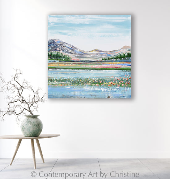 "A Place of Joy" ORIGINAL Art Abstract Landscape Painting Impressionist Mountains Meadow Field Lake Poppies Flowers Blue Green Palette Knife 30x30"