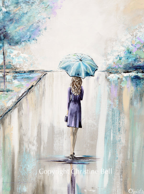 "Ready for the World" ORIGINAL Art Painting Woman with Blue Umbrella Trees Park Textured Cityscape 24x30"