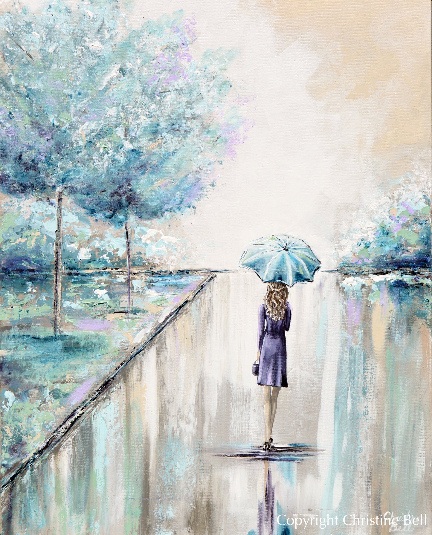 "Ready for the World" ORIGINAL Art Painting Woman with Blue Umbrella Trees Park Textured Cityscape 24x30"