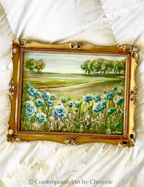 "My Wildflower Field" FRAMED ORIGINAL Art Landscape Oil Painting Modern Impressionism Blue Green Floral Vintage Gold Frame 18x15"