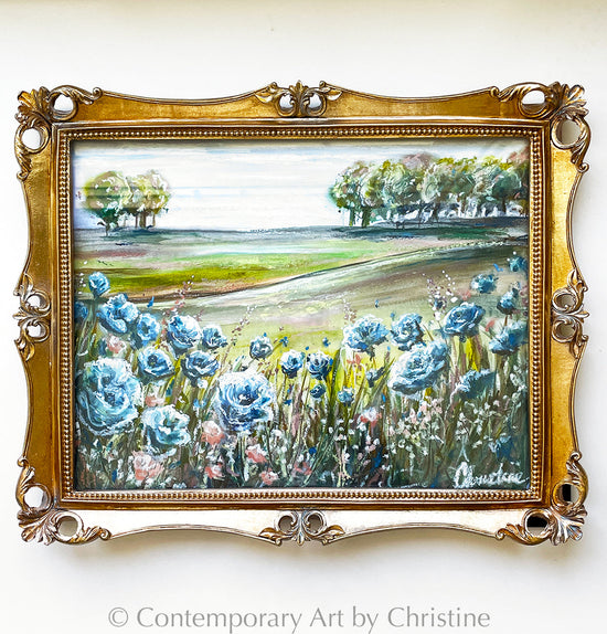 "My Wildflower Field" FRAMED ORIGINAL Art Landscape Oil Painting Modern Impressionism Blue Green Floral Vintage Gold Frame 18x15"
