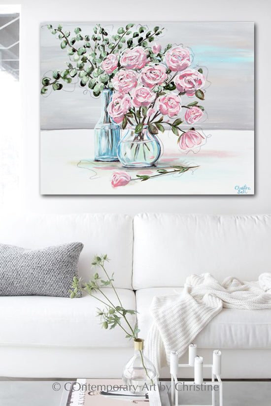 "Perfect Harmony" ORIGINAL Art Abstract Floral Pink Flowers Painting Expressionist Rose Bouquet Eucalyptus Wall Decor 30x24"