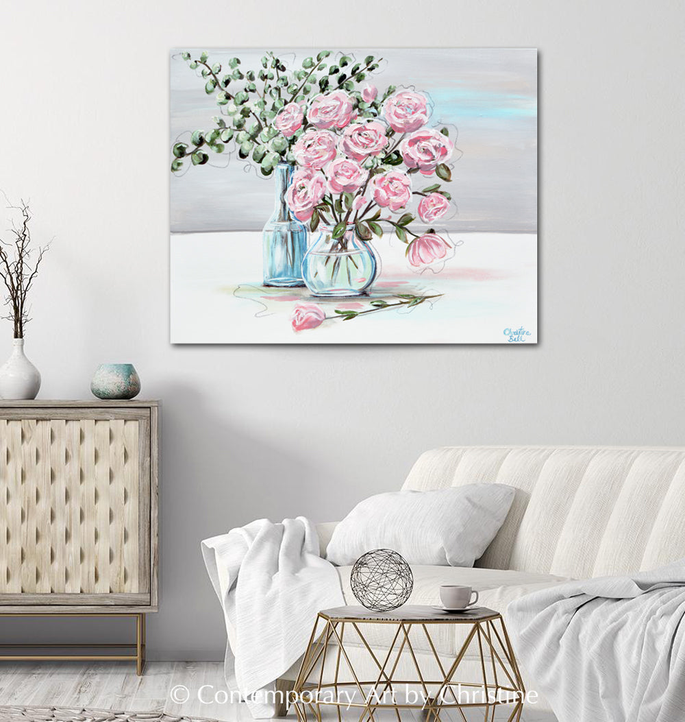 "Perfect Harmony" ORIGINAL Art Abstract Floral Pink Flowers Painting Expressionist Rose Bouquet Eucalyptus Wall Decor 30x24"