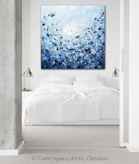 "Moonlight Symphony" GICLEE PRINT Art Abstract Floral Painting Blue White Flowers