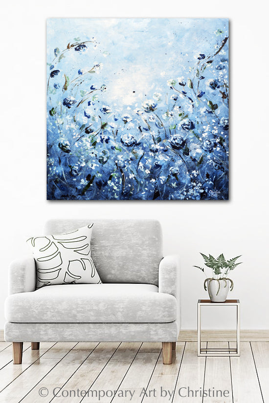 "Moonlight Symphony" GICLEE PRINT Art Abstract Floral Painting Blue White Flowers