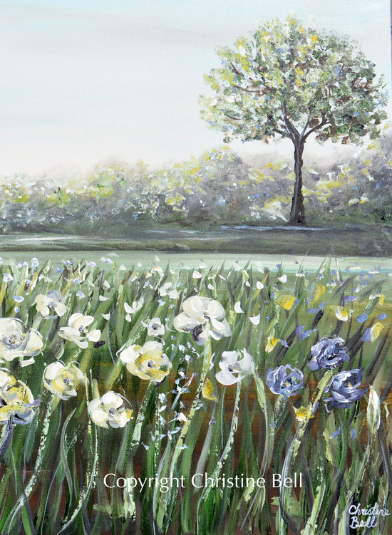 "A Place of Peace" ORIGINAL Art Floral Landscape Painting White Flowers Field Tree 40x30"
