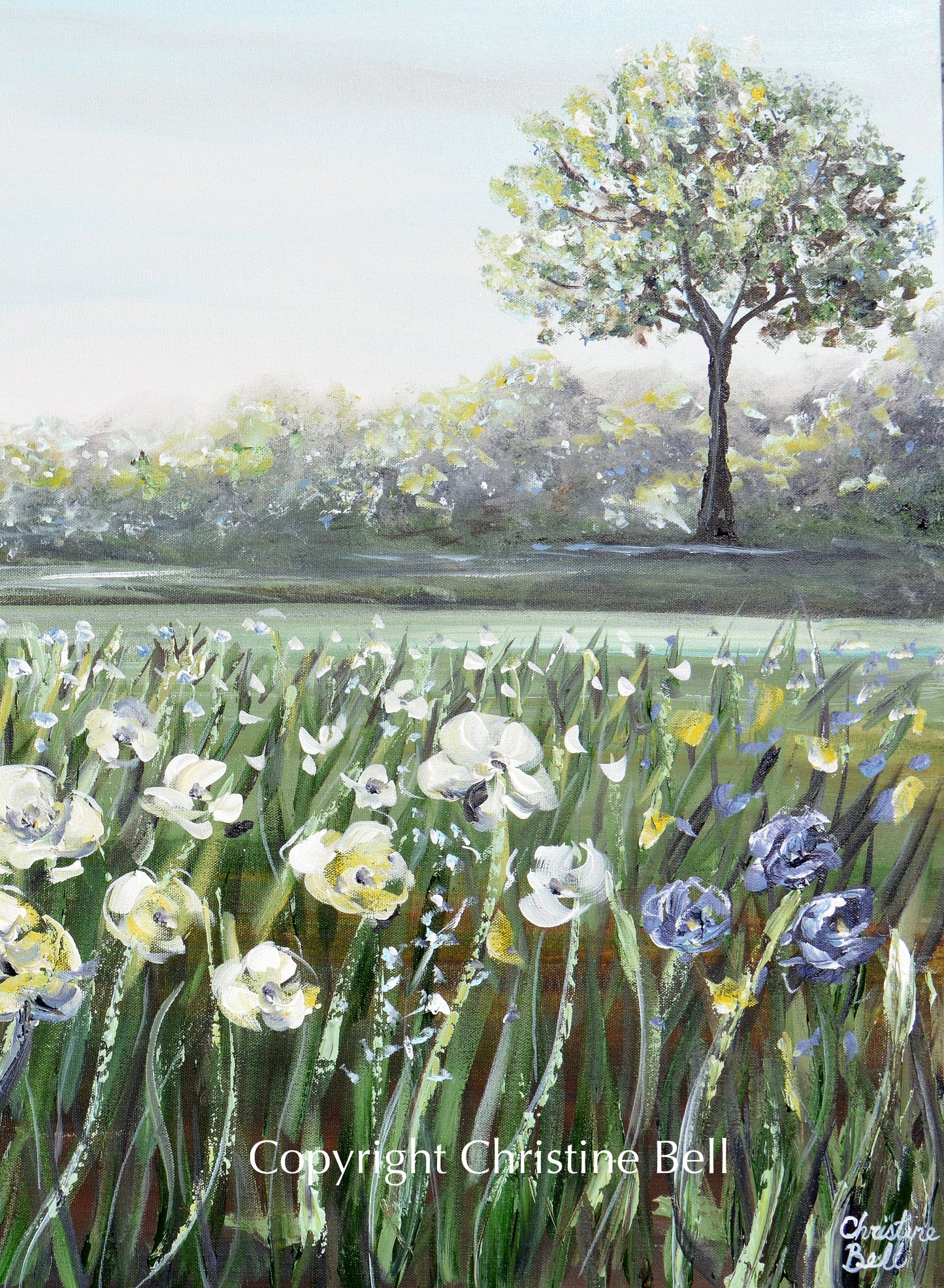 "A Place of Peace" GICLEE PRINT Art Floral Landscape Painting White Flowers Field Tree