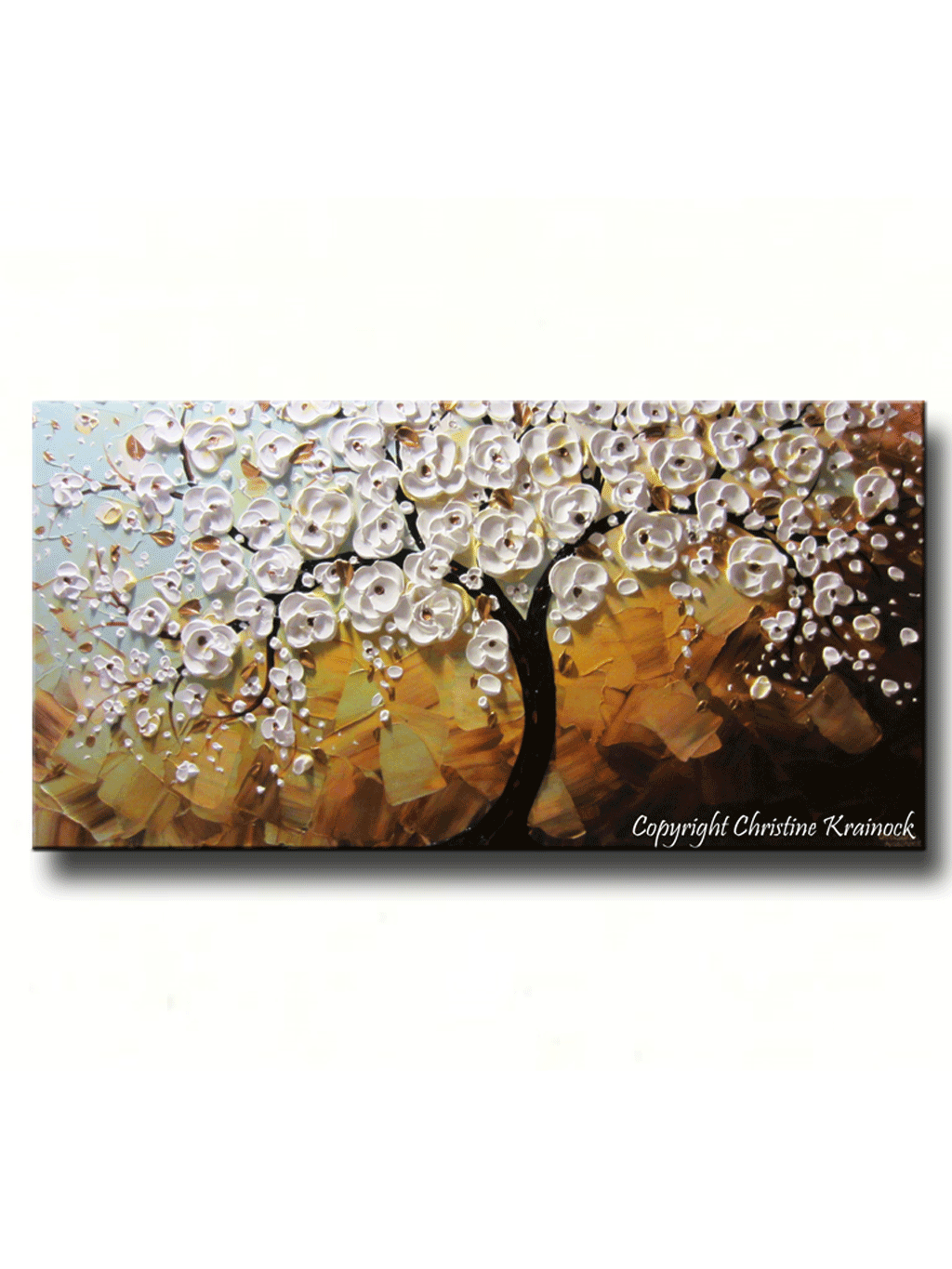 CUSTOM Art Abstract Painting White Cherry Tree Painting Flowers Textured Blue Brown Gold - Christine Krainock Art - Contemporary Art by Christine - 1