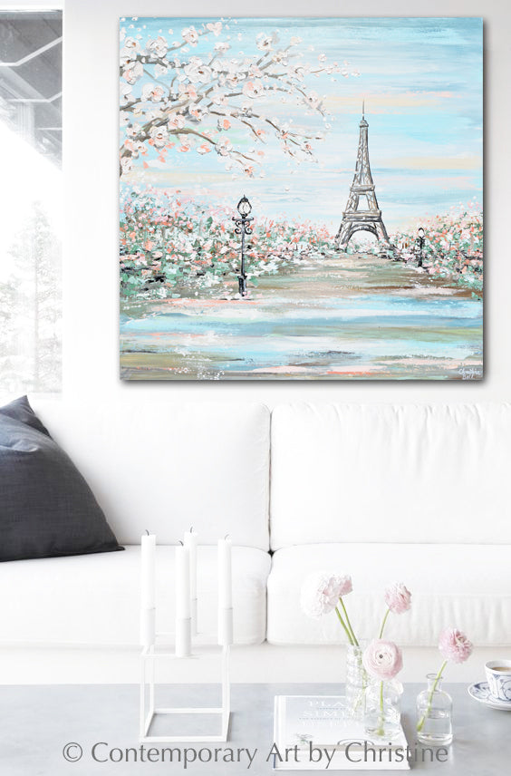 "Amour de Paris" ORIGINAL Art Paris Painting Eiffel Tower Romantic Cherry Trees Textured Cityscape 36x36""