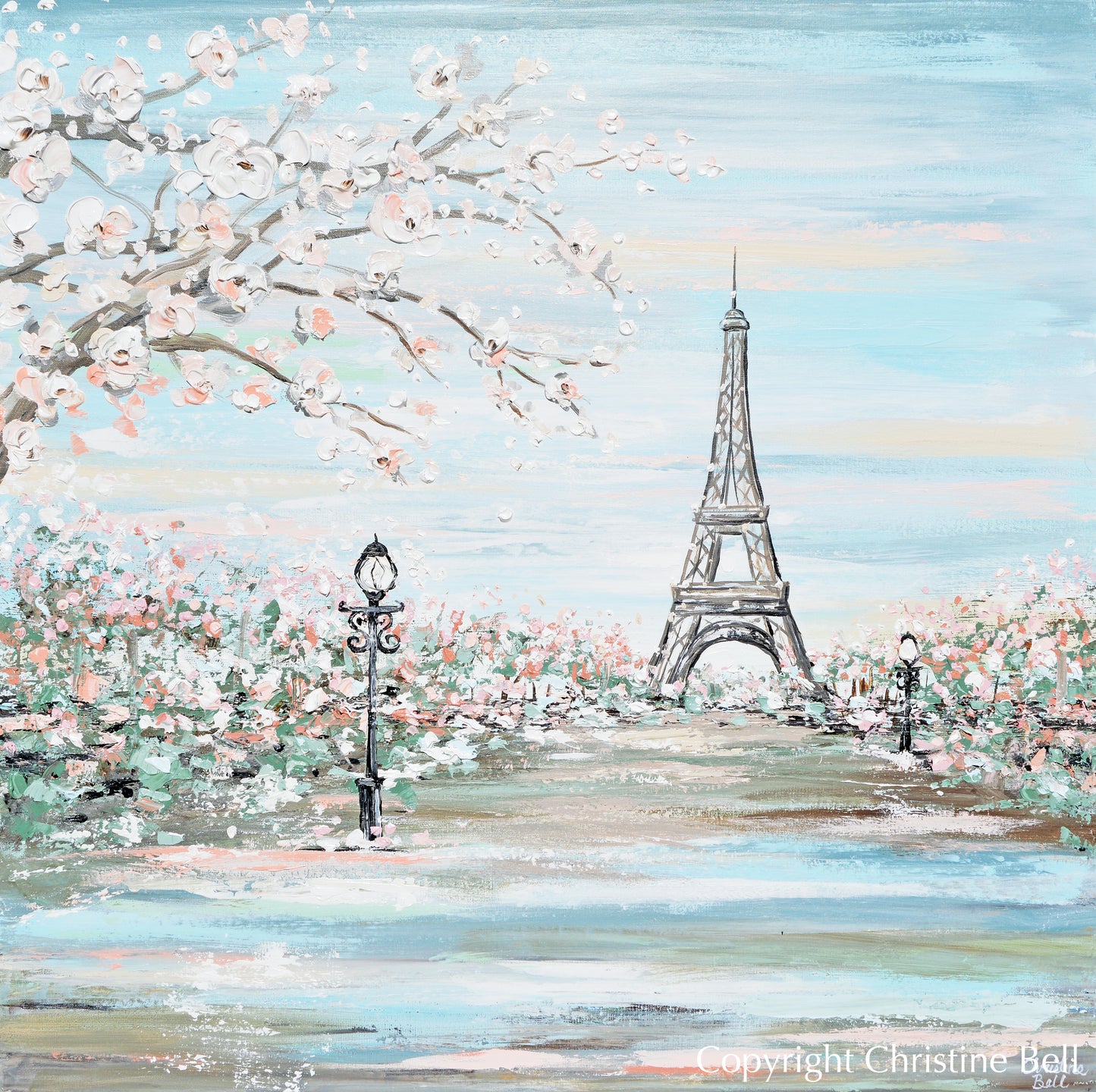 "Amour de Paris" GICLEE PRINT Art Paris Painting Eiffel Tower Romantic Cherry Trees Cityscape