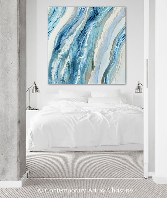 "Coastal Melody" ORIGINAL Art Blue White Aqua Coastal Abstract Painting Marbled Coastal Wall Art 36x36"