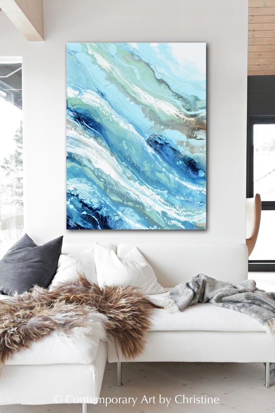 "Pacific Blue" GICLEE PRINT Art Blue White Turquoise Coastal Abstract Painting Marbled Wall Art
