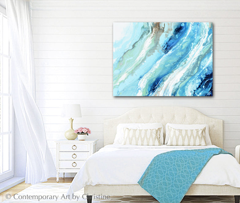 "Pacific Blue" ORIGINAL Art Blue White Turquoise Coastal Abstract Painting Marbled Vertical Wall Art 40x30"