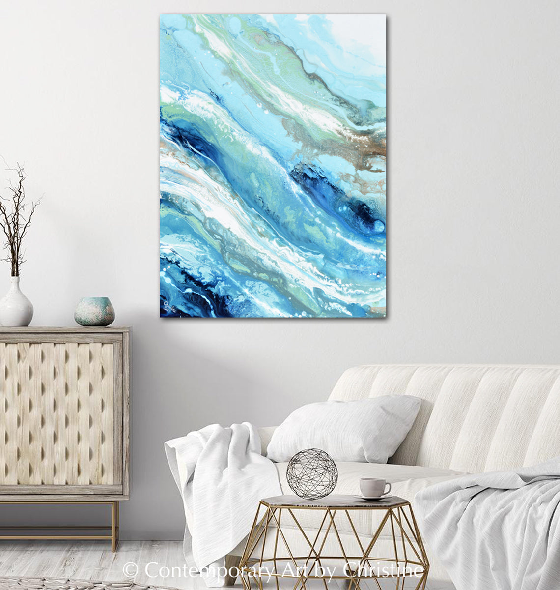 "Pacific Blue" ORIGINAL Art Blue White Turquoise Coastal Abstract Painting Marbled Coastal Wall Art 40x30"