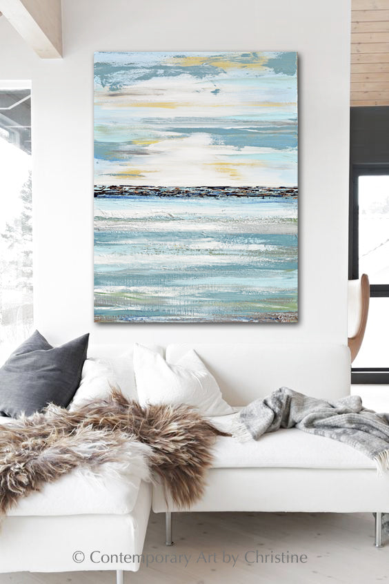 "Contentment" ORIGINAL Art Coastal Abstract Painting Textured Light Blue Teal White 30x40"