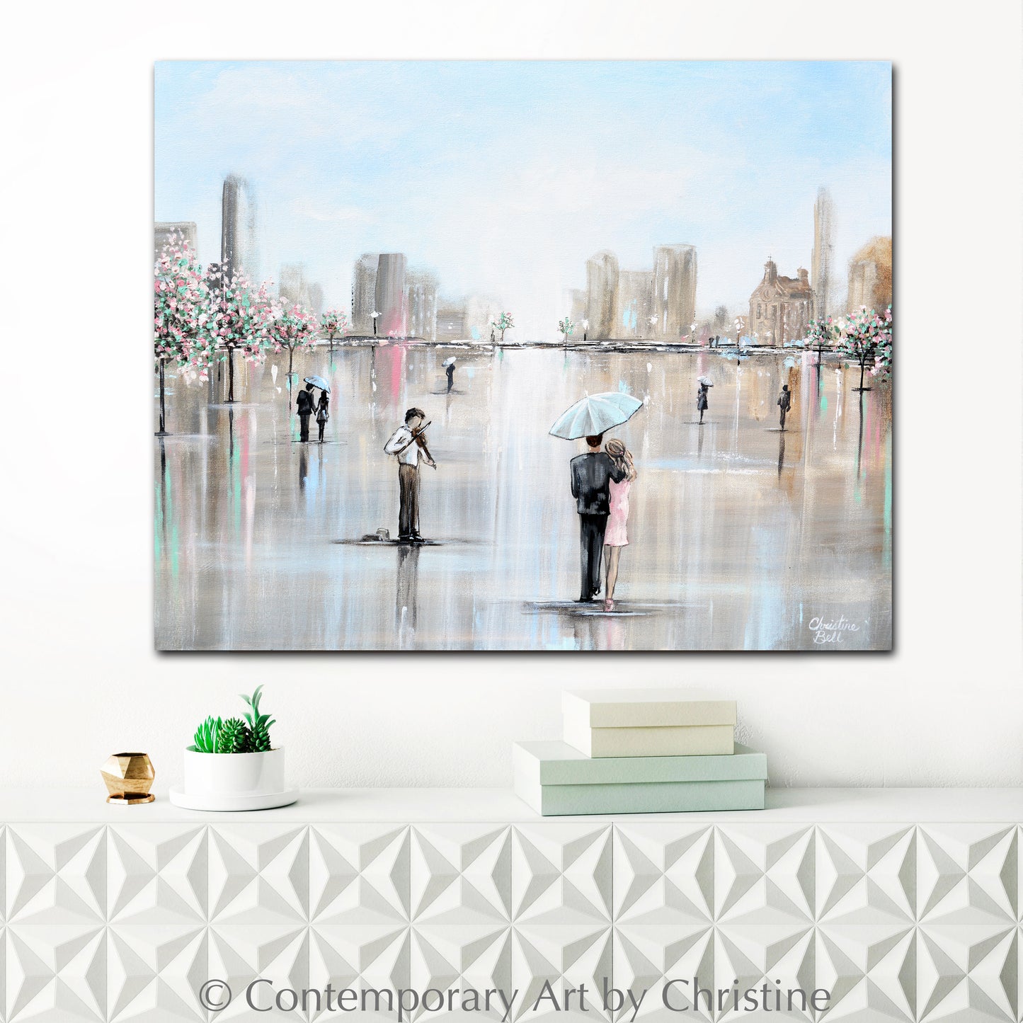 "Date Night" ORIGINAL Art Painting Couple Umbrella Rain Cityscape Romantic City Scene 30x24"