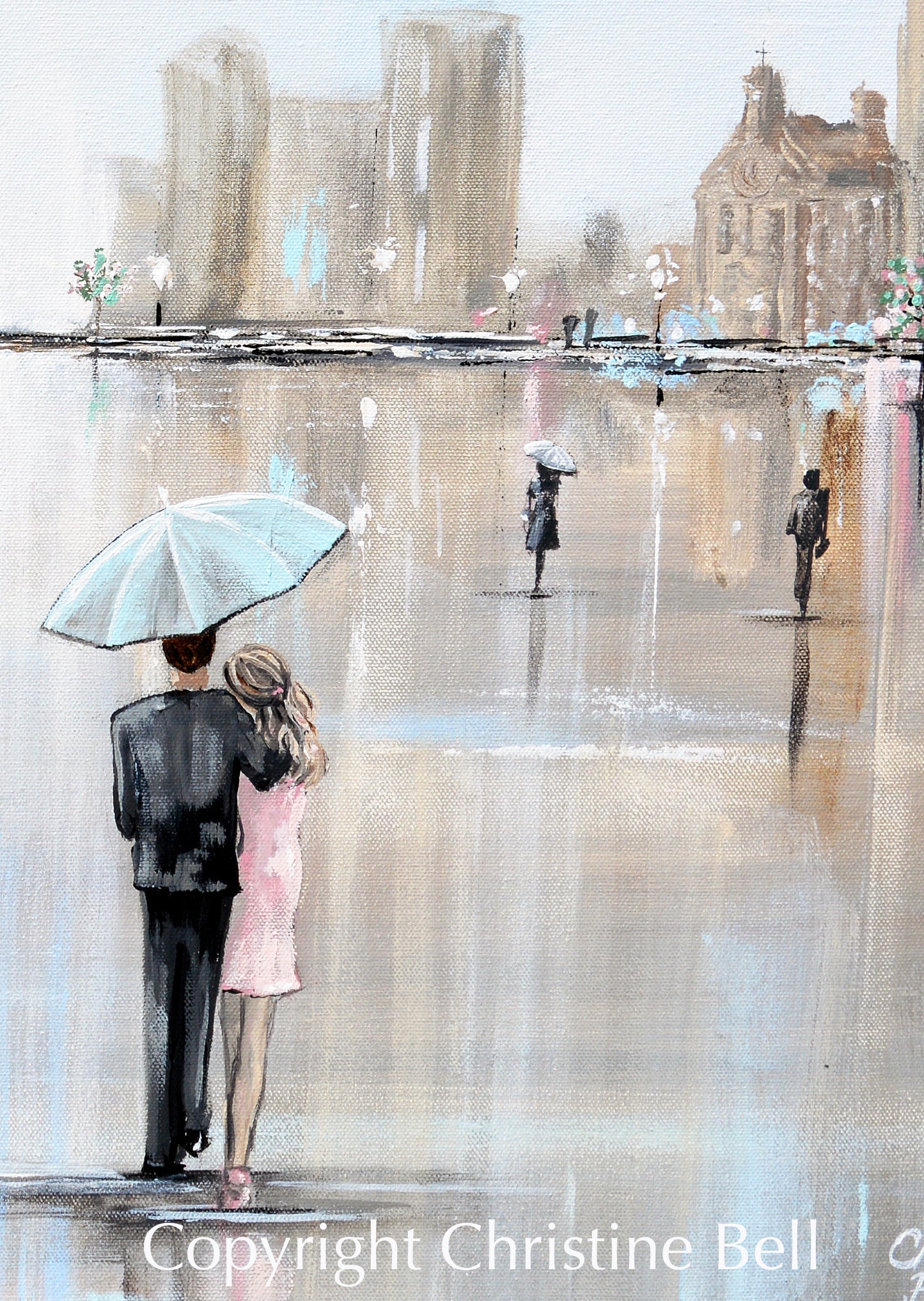 "Date Night" ORIGINAL Art Painting Couple Umbrella Rain Cityscape Romantic City Scene 30x24"