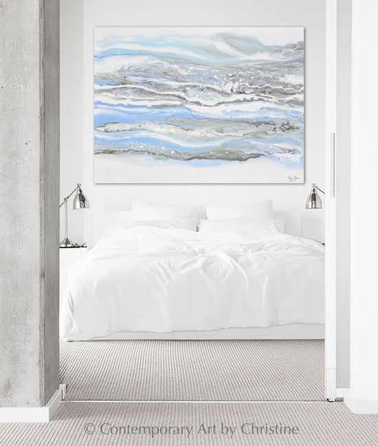 "Whispers of Hope" ORIGINAL Art Powder Blue White Coastal Abstract Painting Marbled Coastal Wall Art XL 48x36""