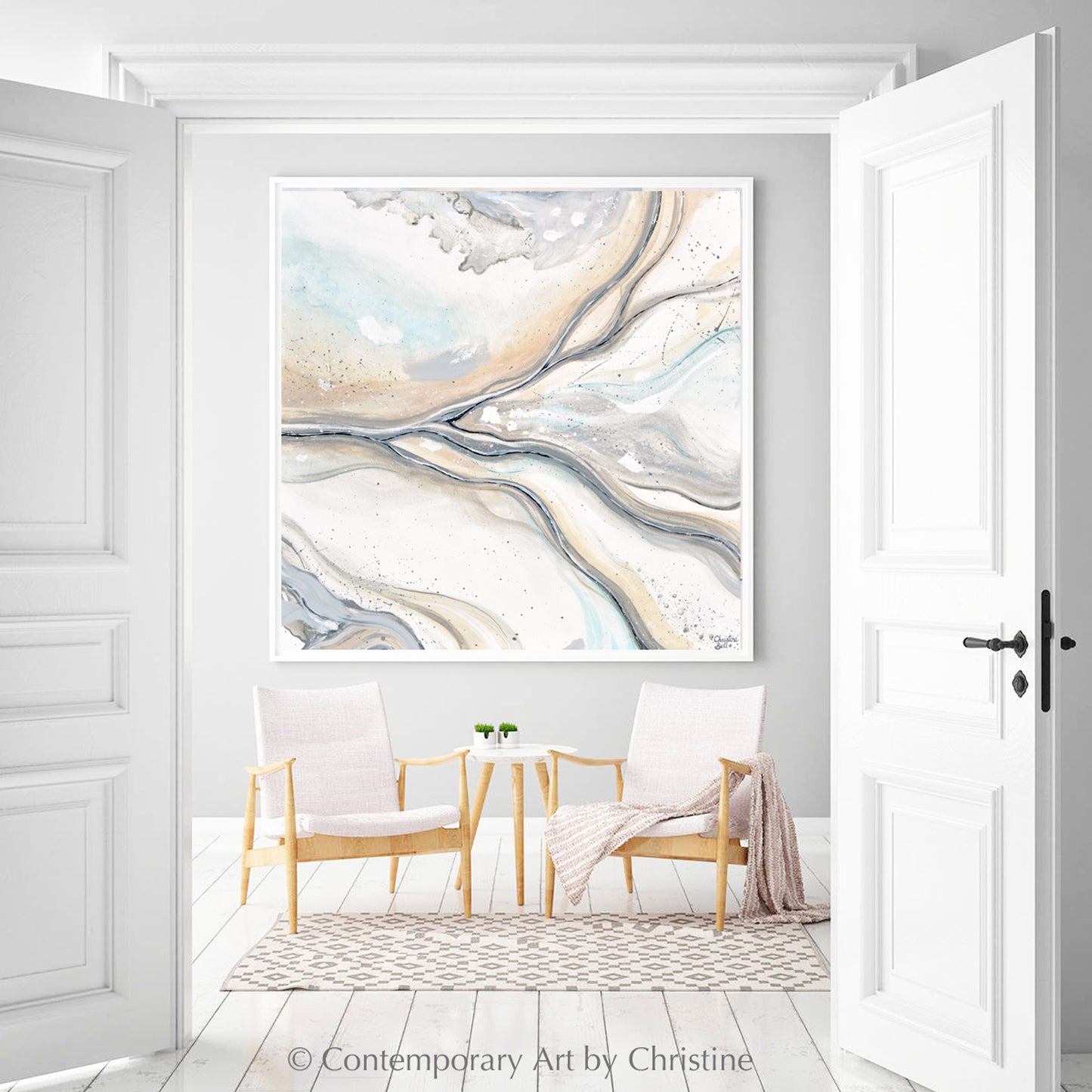 "Coastal Visions" ORIGINAL Art Neutral Coastal Abstract Painting White Beige Grey Aqua 36x36""