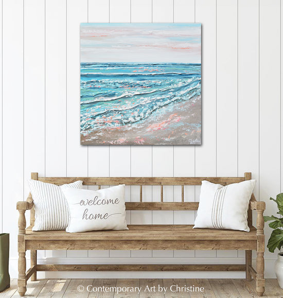 "Sea Dreams" ORIGINAL Art Coastal Abstract Painting Textured Ocean Waves Blue Pink Beach Sunset 24x24"