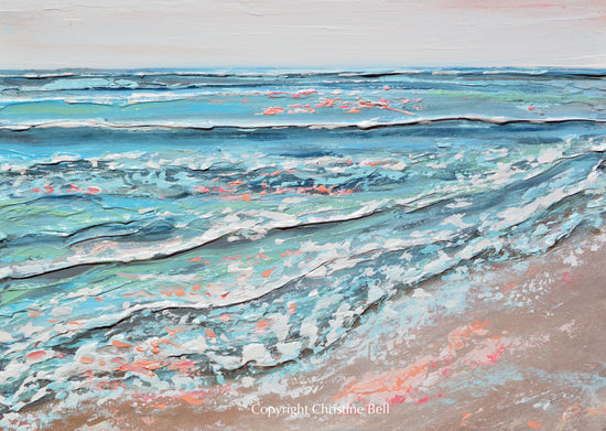 "Sea Dreams" ORIGINAL Art Coastal Abstract Painting Textured Ocean Waves Blue Pink Beach Sunset 24x24"