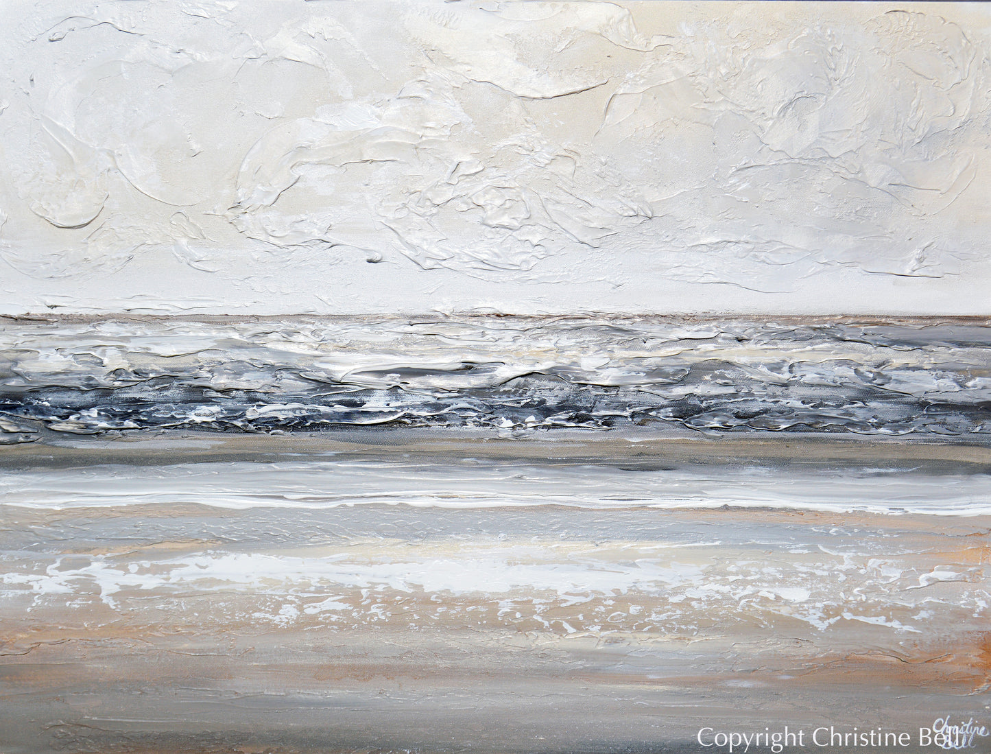 "Misty Day" ORIGINAL Art Abstract Painting Textured Neutral White Beige Grey Coastal Landscape Seascape 40x30"