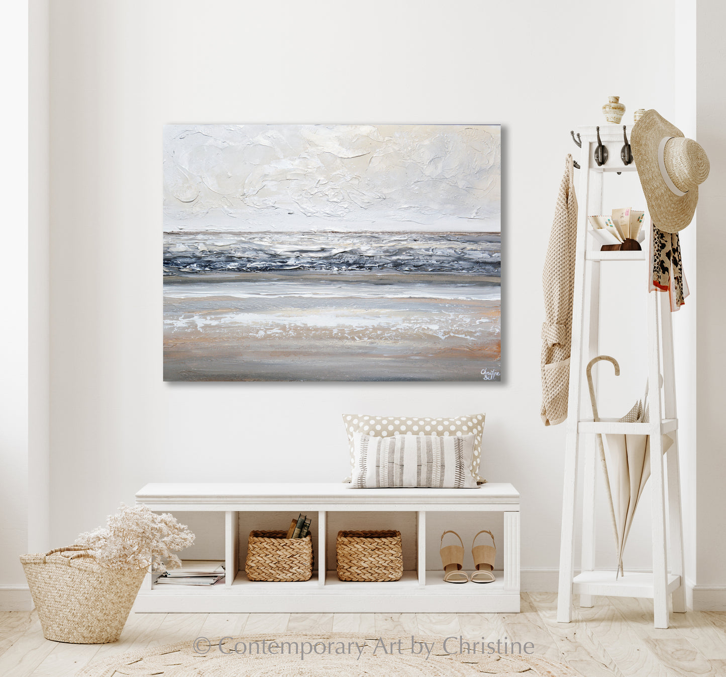 "Misty Day" ORIGINAL Art Abstract Painting Textured Neutral White Beige Grey Coastal Landscape Seascape 40x30"