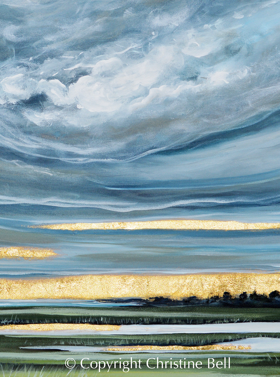 "Light on the Horizon" Original Art Abstract Painting Coastal Landscape with Gold Leaf