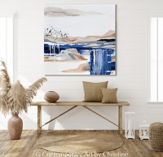 "Desert Oasis" ORIGINAL Art Abstract Painting Navy Blue White Beige Grey Expressionist Landscape Wall Art 30x30"