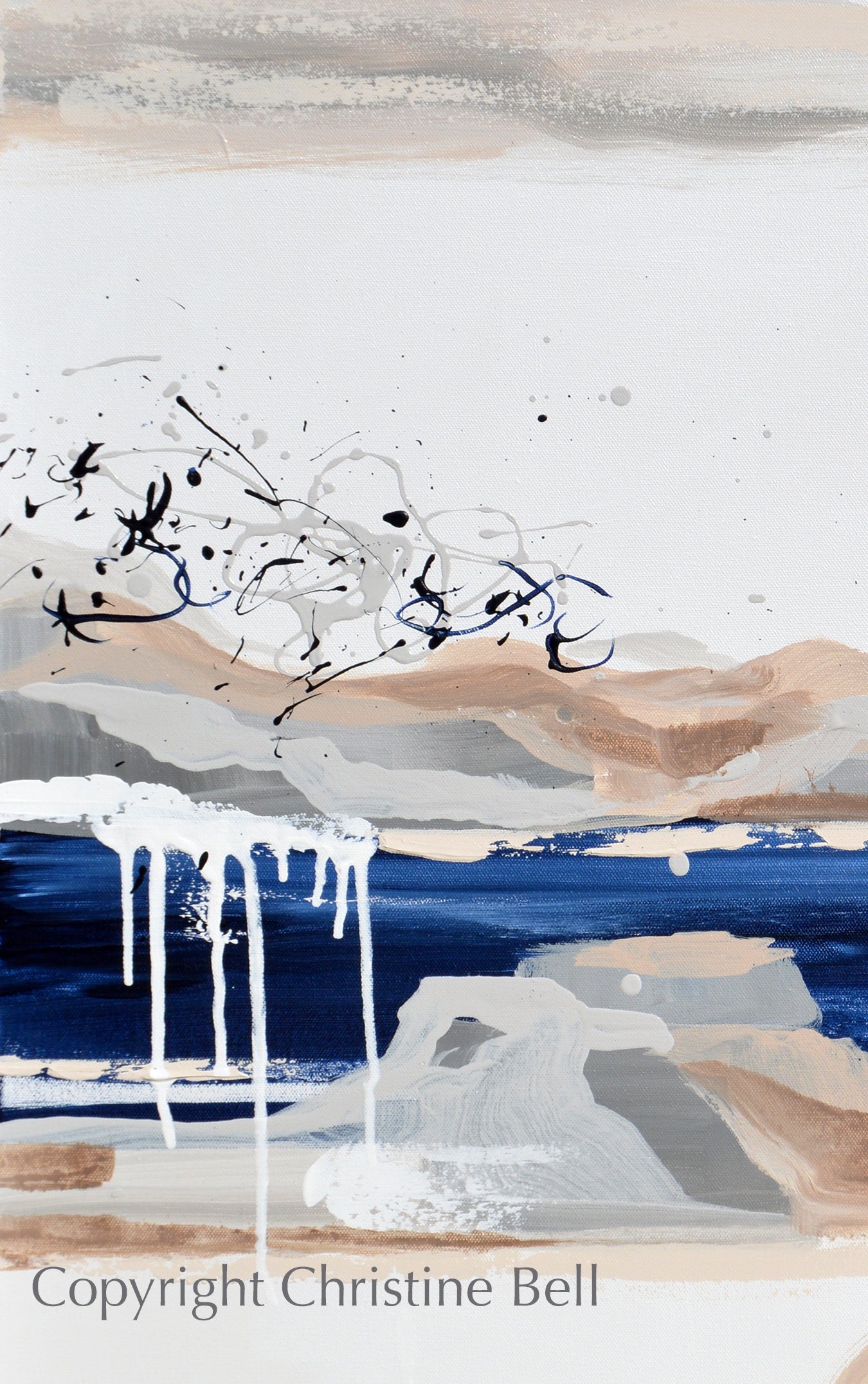 "Desert Oasis" ORIGINAL Art Abstract Painting Navy Blue White Beige Grey Expressionist Landscape Wall Art 30x30"