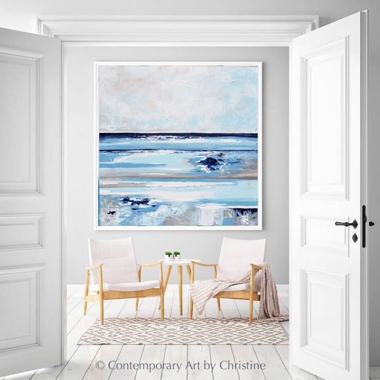 "Exhale" GICLEE PRINT Abstract Painting Navy Light Blue White Beige Grey Coastal Seascape Canvas Wall Art