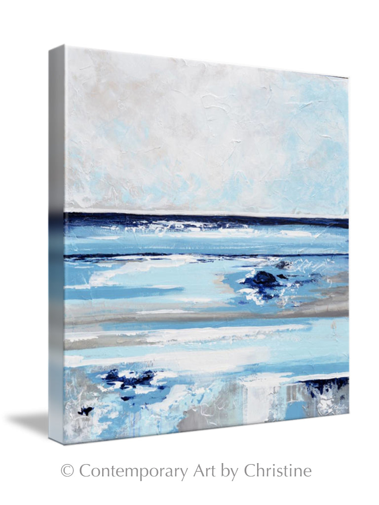 "Exhale" GICLEE PRINT Abstract Painting Navy Light Blue White Beige Grey Coastal Seascape Canvas Wall Art