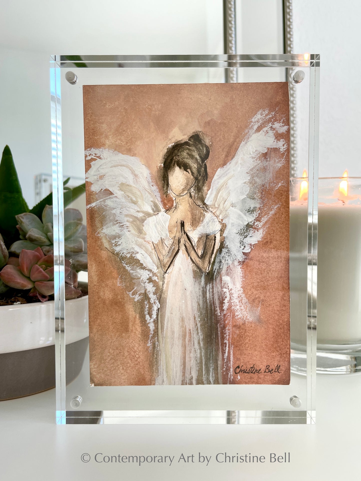 "Close to My Heart" ORIGINAL ANGEL PAINTING in Acrylic Block Frame