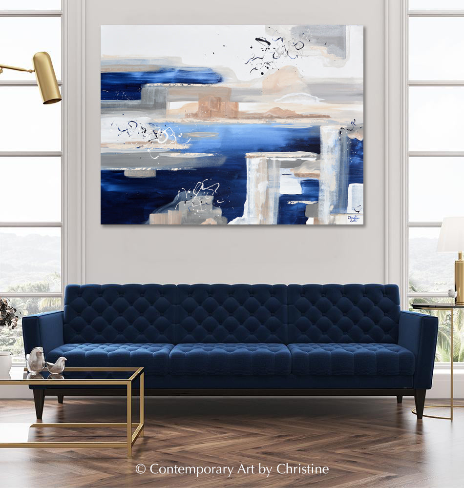 "Morning's Melody" GICLEE PRINT Art Abstract Painting Navy Blue White Beige Grey Expressionist Coastal Wall Art