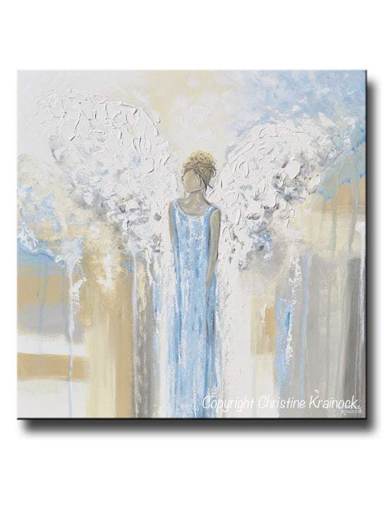 ORIGINAL Abstract Angel Painting Guardian Angel Textured Fine Art Blue White Beige Grey Home Wall Art X-Large 36x36" - Christine Krainock Art - Contemporary Art by Christine - 1