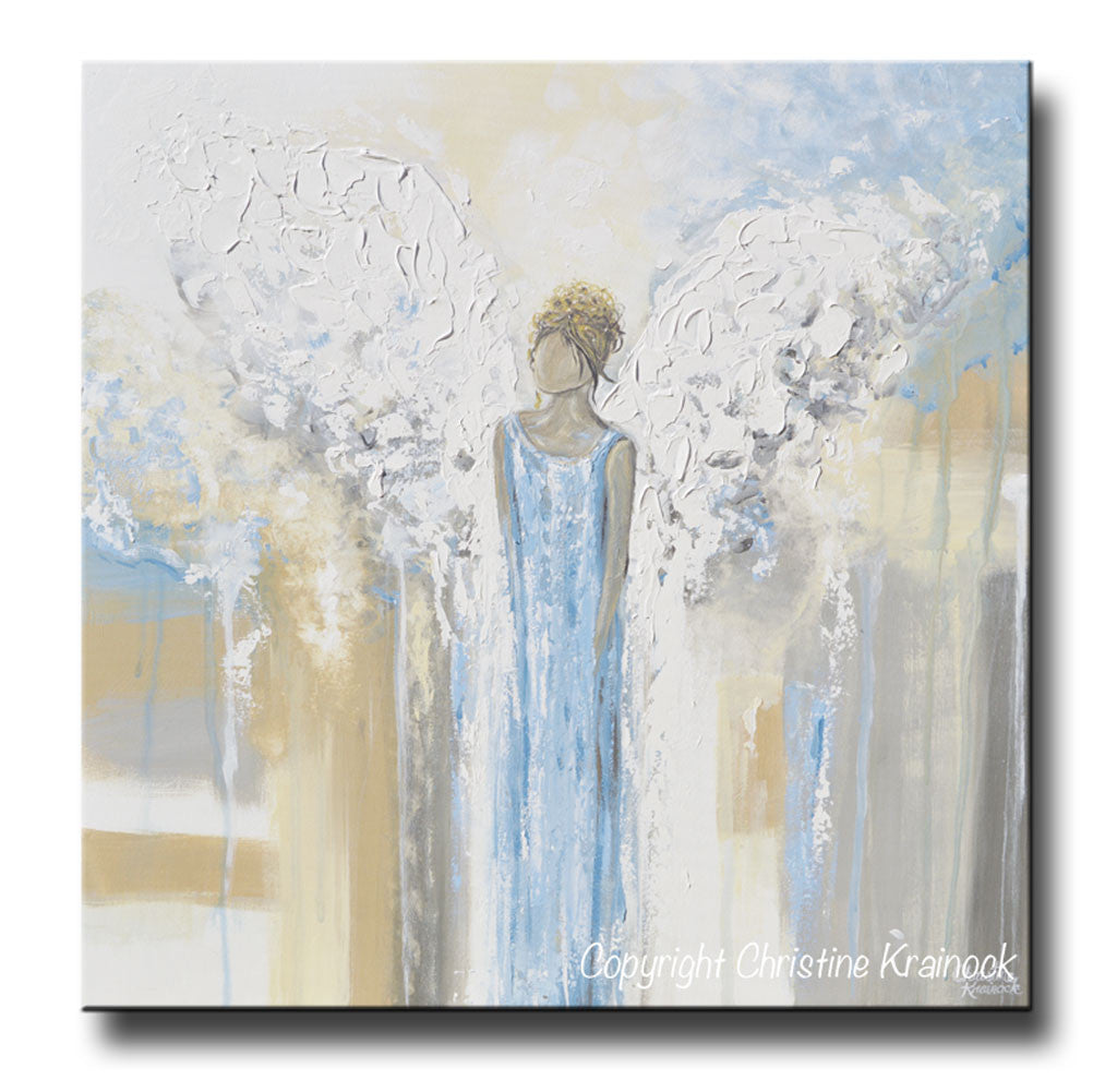 ORIGINAL Abstract Angel Painting Guardian Angel Textured Fine Art Blue White Beige Grey Home Wall Art X-Large 36x36" - Christine Krainock Art - Contemporary Art by Christine - 3