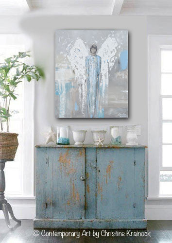 ORIGINAL Angel Painting Abstract Male Guardian Angel Blue Grey Textured Home Decor Wall Art 20x24"