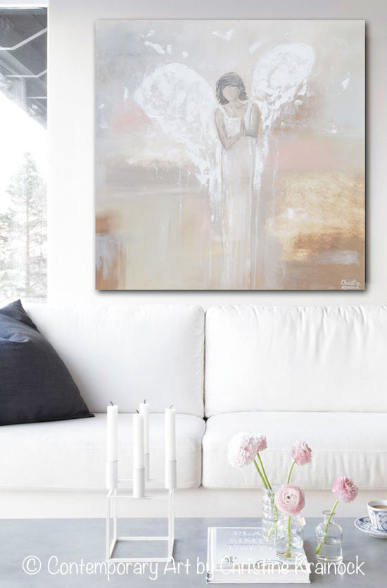 ORIGINAL Abstract Angel Painting Praying Guardian Angel Spiritual Fine Art Beige Grey Ivory Pink Home Wall Art X-Large 36x36"