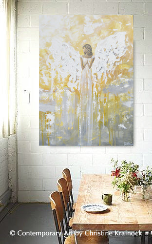 ORIGINAL Abstract Angel Painting Fine Art Gold Grey White Spiritual Angels Home Decor 30x40"