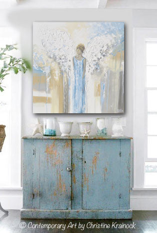 GICLEE PRINT Abstract Angel Painting Guardian Angel Fine Art Angel Wings Blue White Grey Gold Home Decor Wall Art - Christine Krainock Art - Contemporary Art by Christine - 4