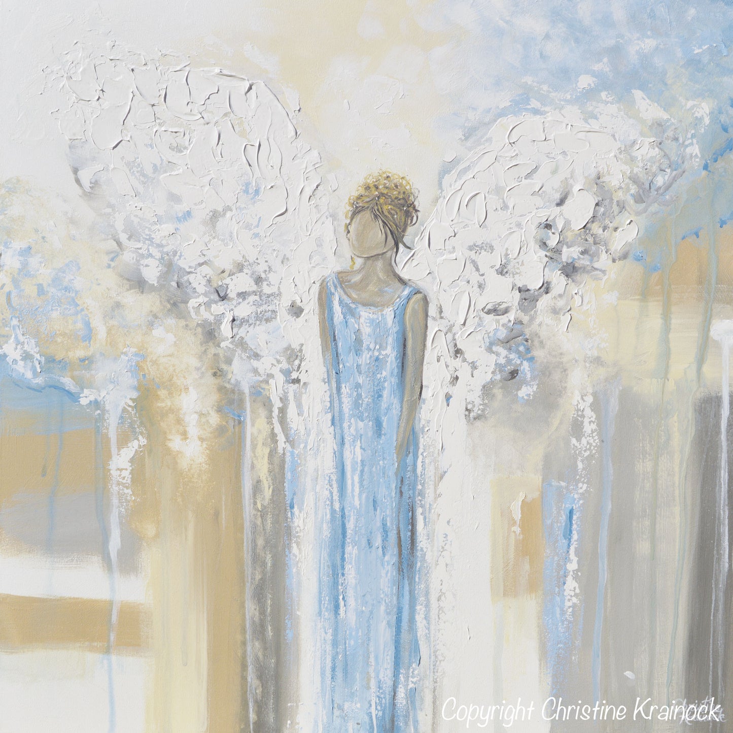 ORIGINAL Abstract Angel Painting Guardian Angel Textured Fine Art Blue White Beige Grey Home Wall Art X-Large 36x36" - Christine Krainock Art - Contemporary Art by Christine - 6