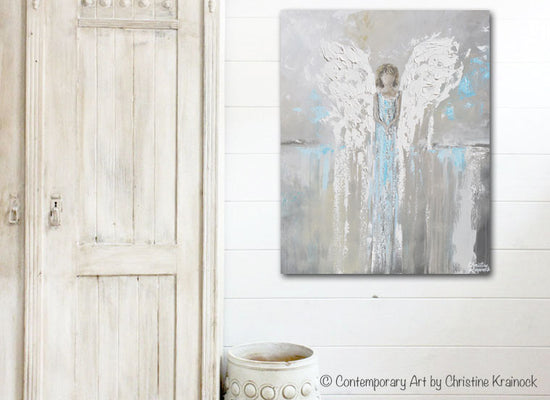 ORIGINAL Abstract Angel Painting Guardian Angel Spiritual Gift Grey Blue Home Decor Wall Art 30x24"