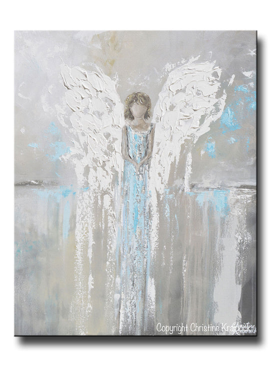 ORIGINAL Abstract Angel Painting Guardian Angel Spiritual Gift Grey Blue Home Decor Wall Art 30x24"