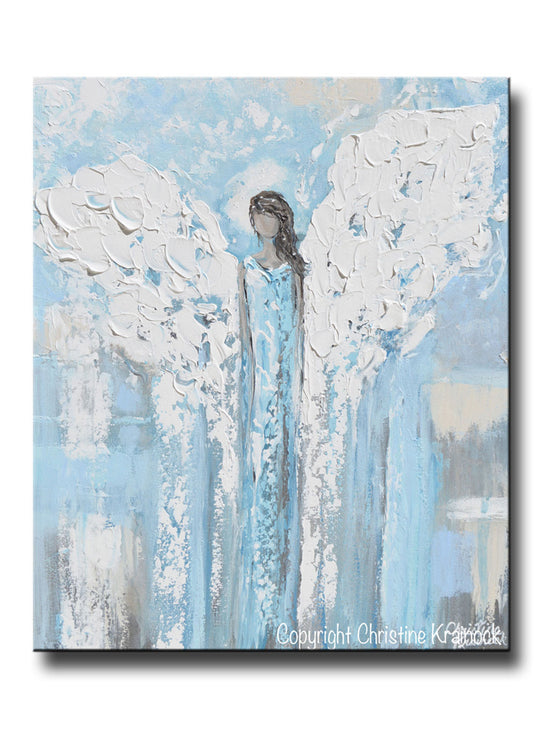 ORIGINAL Angel Painting Abstract Light Blue Guardian Angel Textured Home Decor Spiritual Wall Art 20x24"