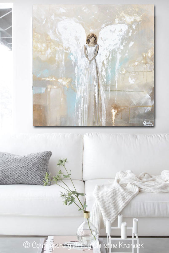 ORIGINAL Art Angel Painting Fine Art Abstract Guardian Angel Grey White Cream Beige Modern Home Wall Decor Large 36x36"