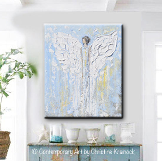ORIGINAL Abstract Angel Painting Light Blue White Guardian Angel Inspirational Art Textured Spiritual Wall Art 24" - Christine Krainock Art - Contemporary Art by Christine - 4