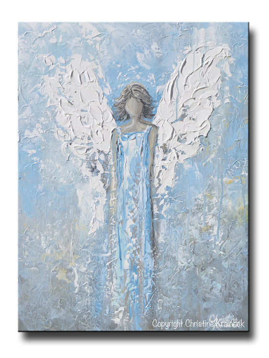 ORIGINAL Abstract Angel Painting Textured Light Blue White Guardian Angel Palette Knife Fine Art Spiritual Wall Art 24" - Christine Krainock Art - Contemporary Art by Christine - 1